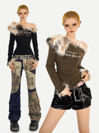 Nico Molly Fur Collar Asymmetric One Shoulder Letter Print Women's Long Sleeve T-shirts
