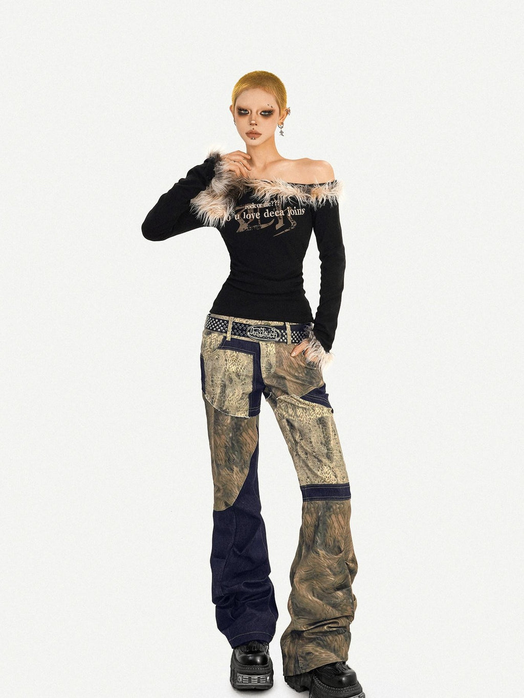 Nico Molly Fur Collar Asymmetric One Shoulder Letter Print Women's Long Sleeve T-shirts