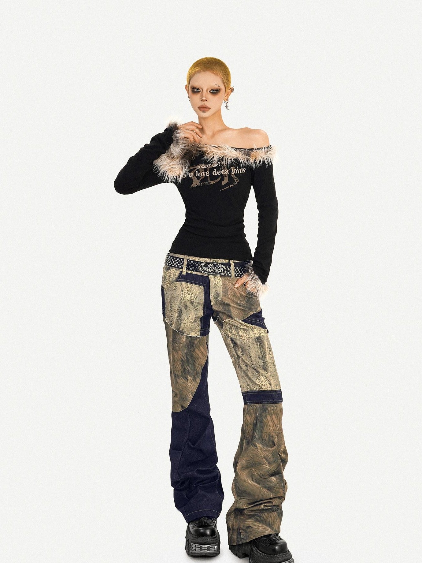 Nico Molly Fur Collar Asymmetric One Shoulder Letter Print Women's Long Sleeve T-shirts