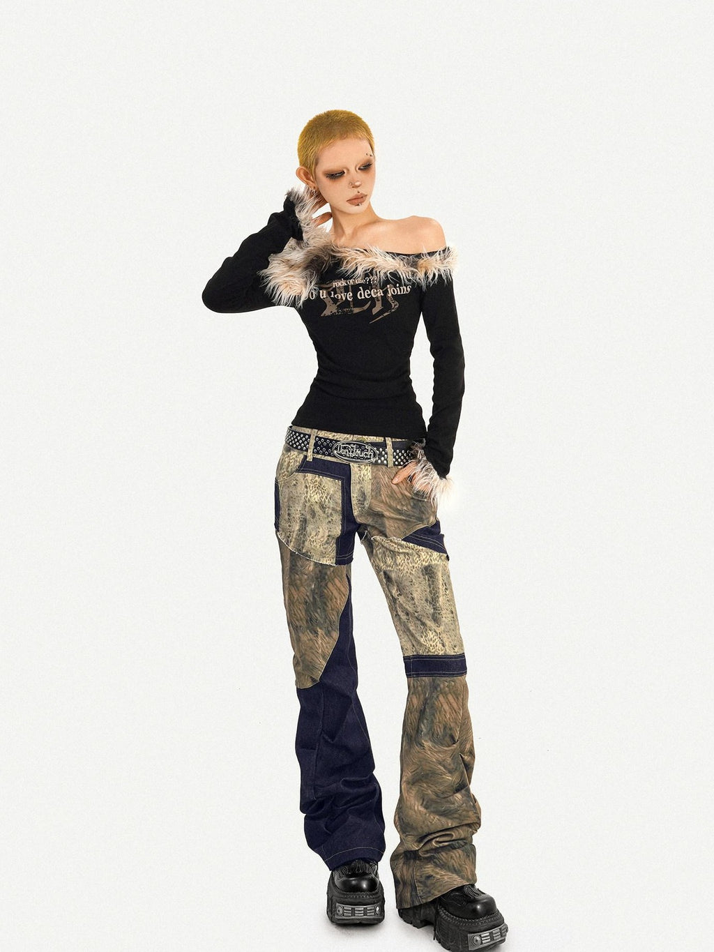 Nico Molly Fur Collar Asymmetric One Shoulder Letter Print Women's Long Sleeve T-shirts
