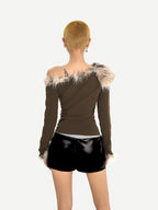 Nico Molly Fur Collar Asymmetric One Shoulder Letter Print Women's Long Sleeve T-shirts
