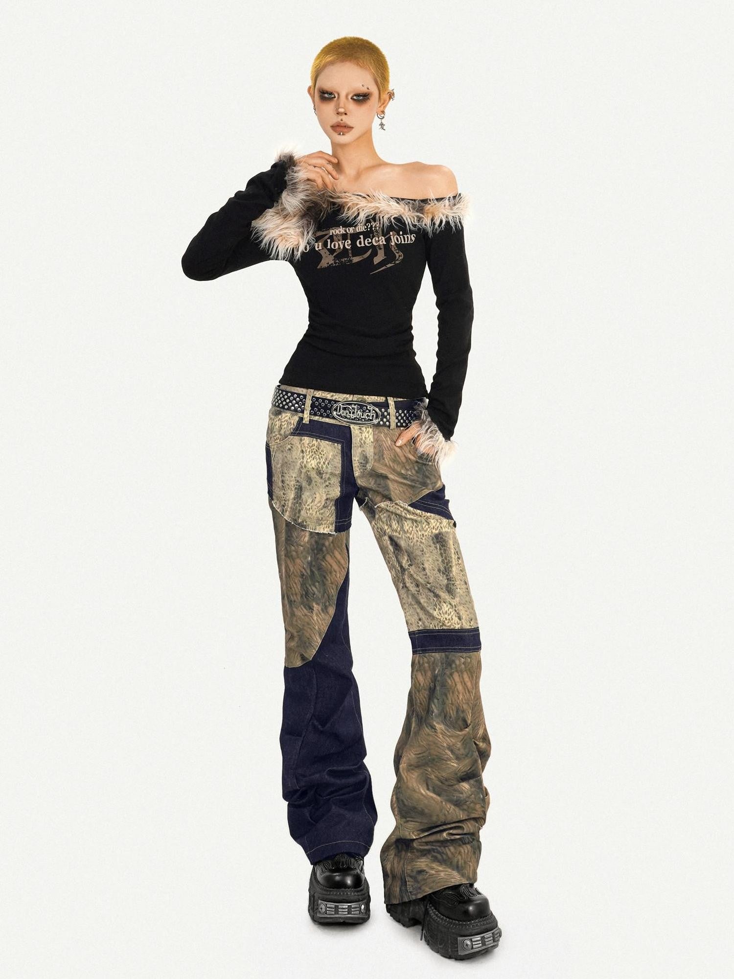 Nico Molly Fur Collar Asymmetric One Shoulder Letter Print Women's Long Sleeve T-shirts