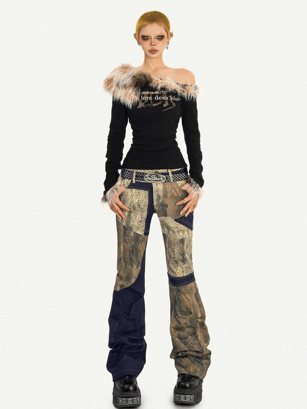 Nico Molly Fur Collar Asymmetric One Shoulder Letter Print Women's Long Sleeve T-shirts