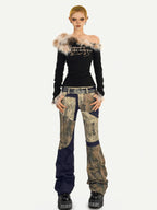 Nico Molly Fur Collar Asymmetric One Shoulder Letter Print Women's Long Sleeve T-shirts