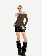 Nico Molly Fur Collar Asymmetric One Shoulder Letter Print Women's Long Sleeve T-shirts