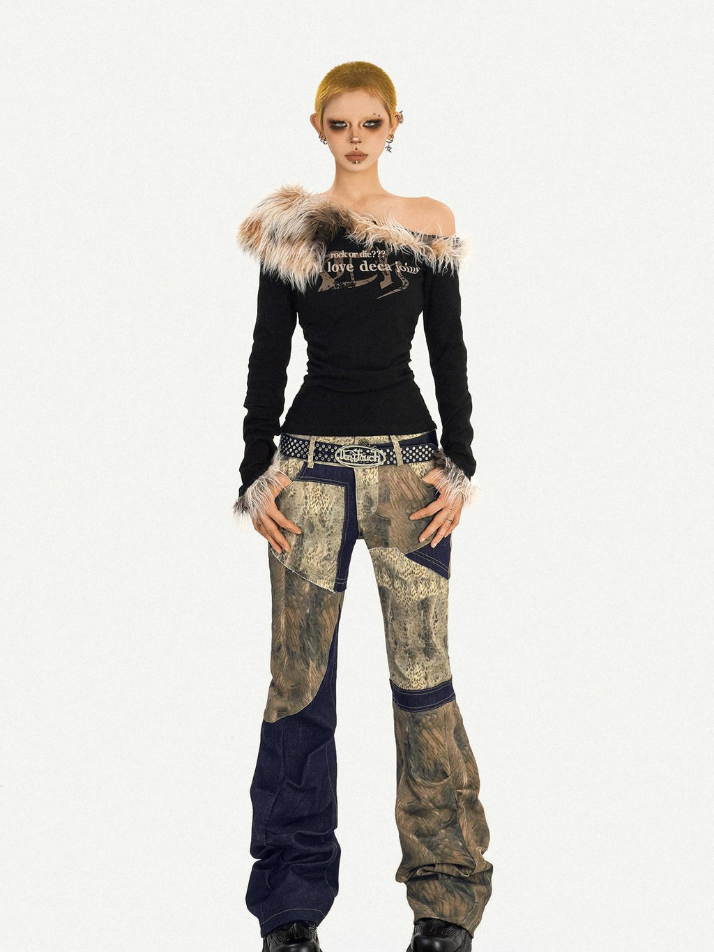 Nico Molly Fur Collar Asymmetric One Shoulder Letter Print Women's Long Sleeve T-shirts