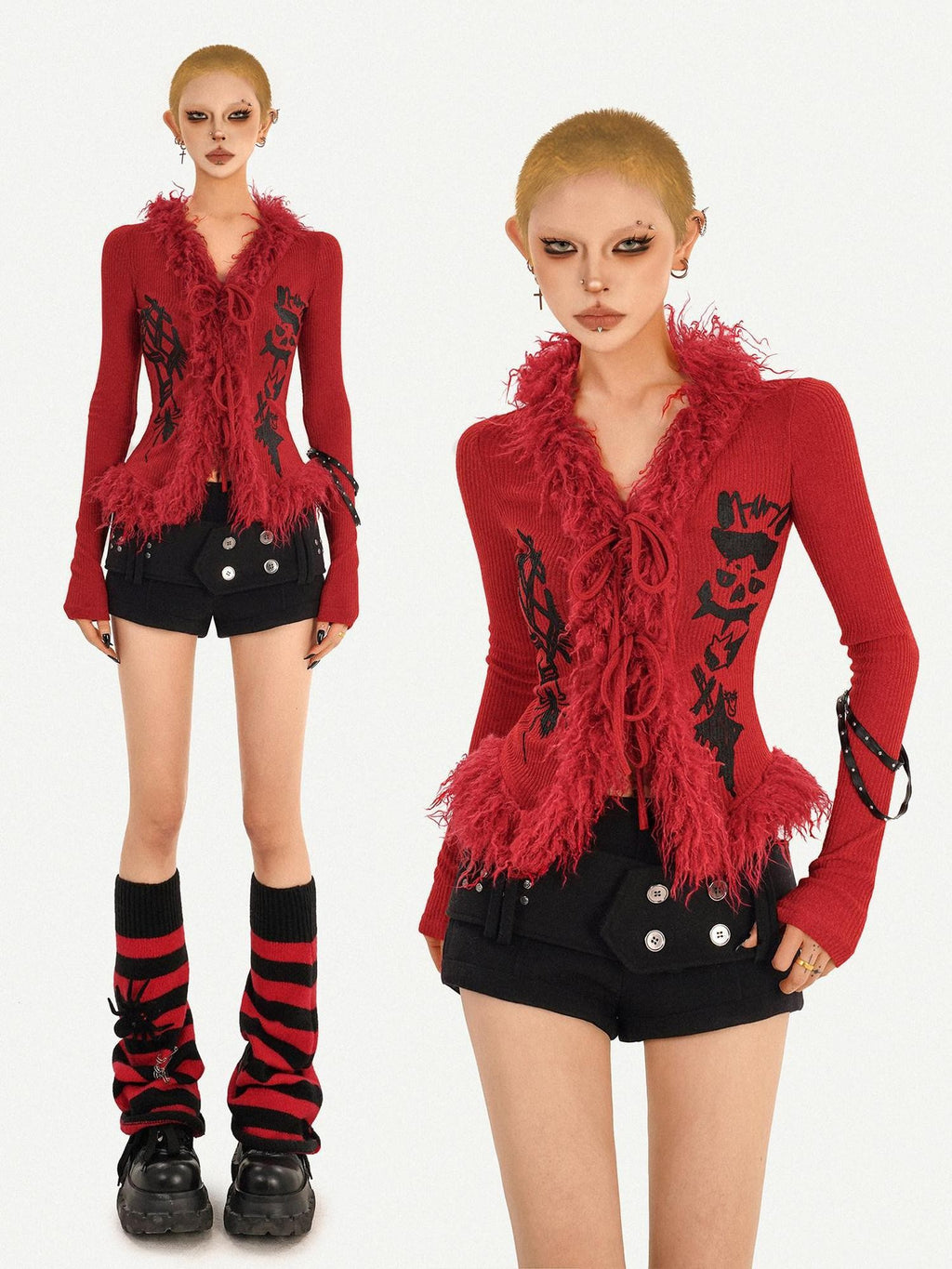 Nico Molly Fur Collar Letter Print Cinched Tie V-neck Women's Knit Cardigans