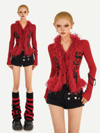 Nico Molly Fur Collar Letter Print Cinched Tie V-neck Women's Knit Cardigans