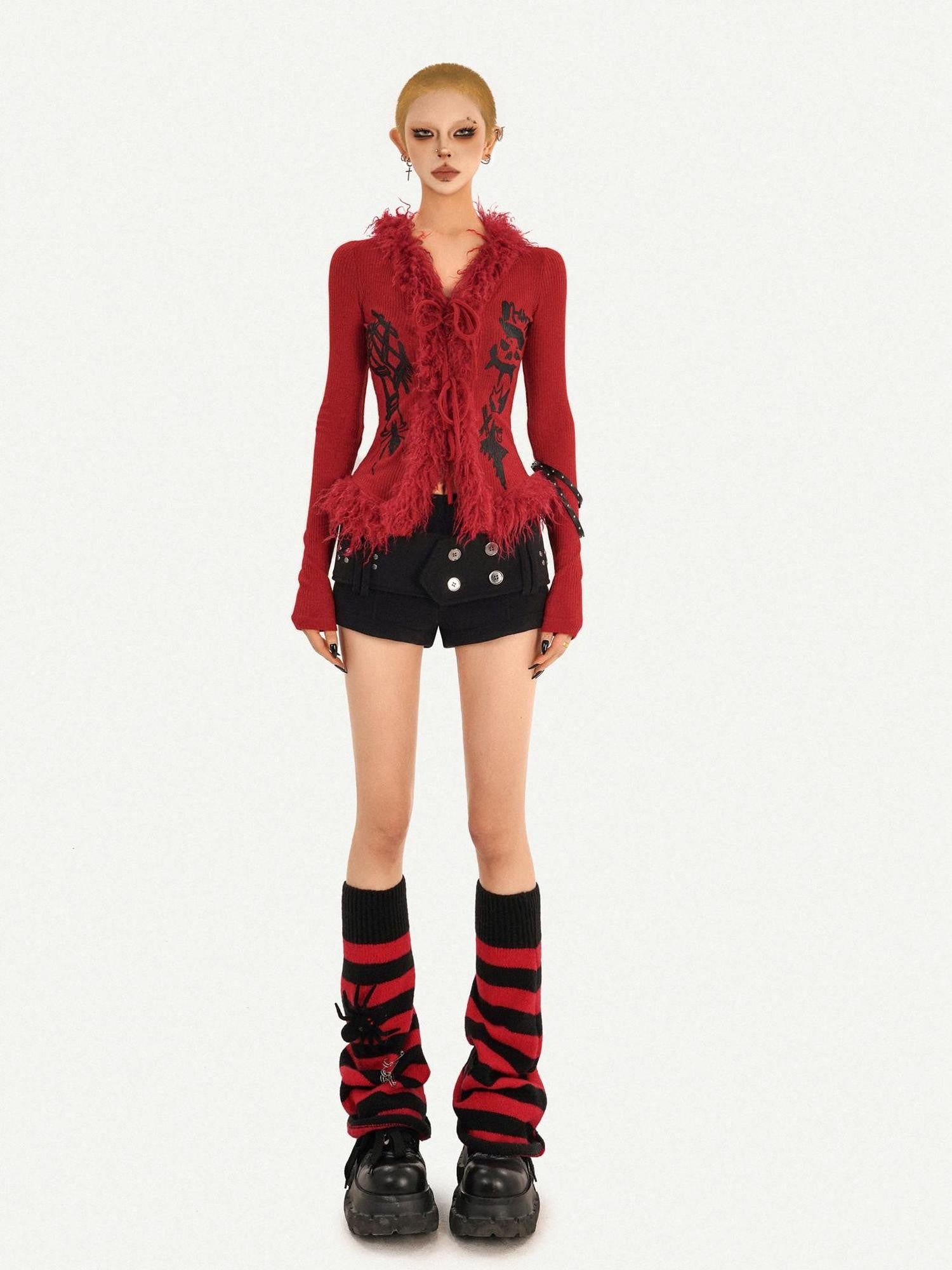 Nico Molly Fur Collar Letter Print Cinched Tie V-neck Women's Knit Cardigans