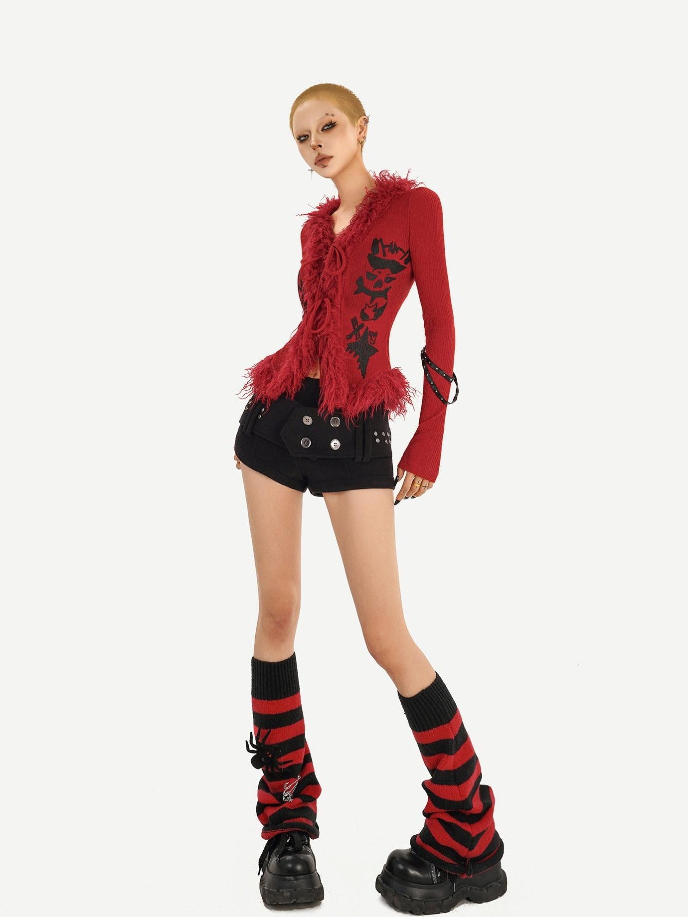 Nico Molly Fur Collar Letter Print Cinched Tie V-neck Women's Knit Cardigans
