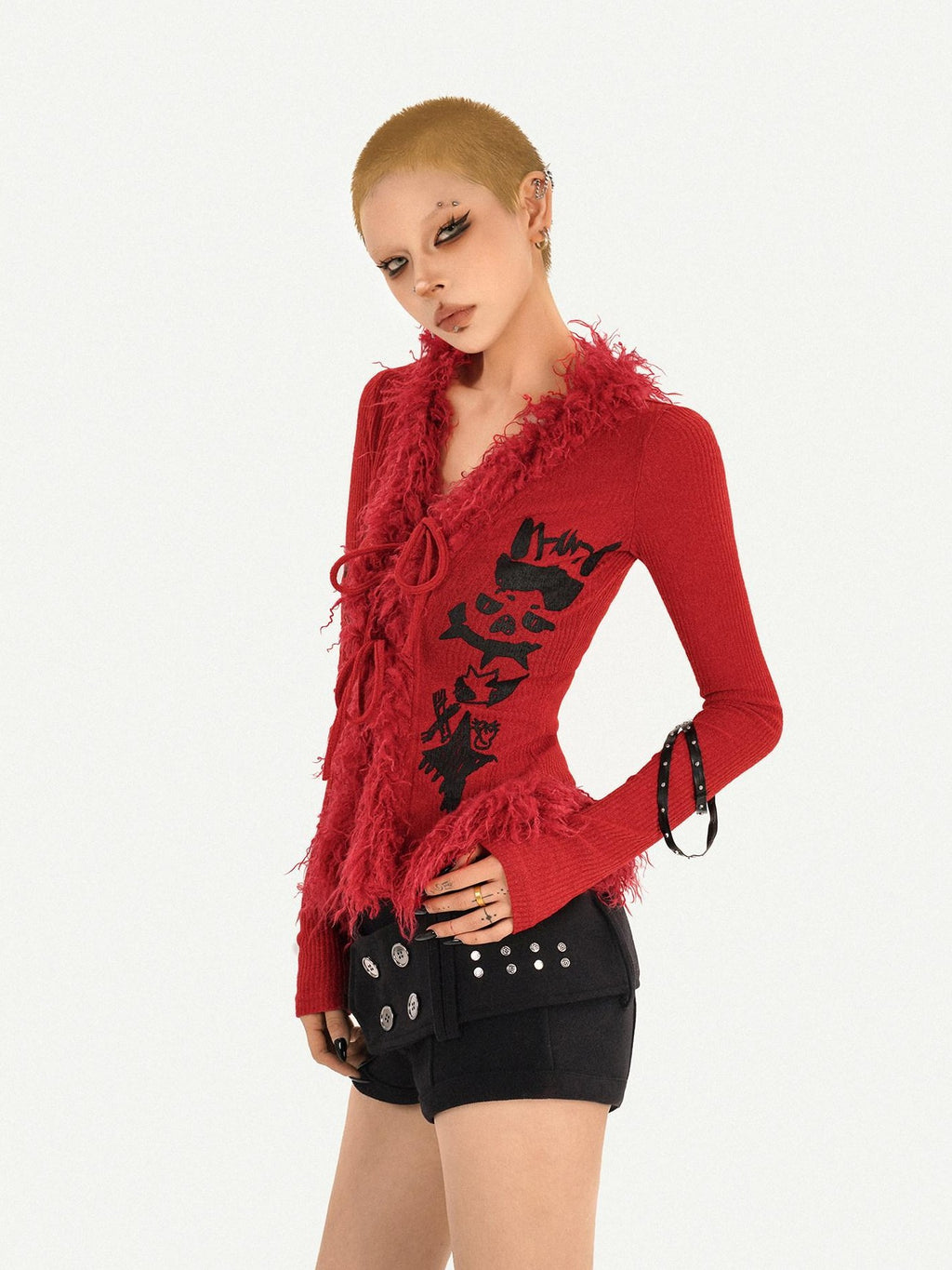 Nico Molly Fur Collar Letter Print Cinched Tie V-neck Women's Knit Cardigans