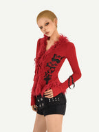 Nico Molly Fur Collar Letter Print Cinched Tie V-neck Women's Knit Cardigans