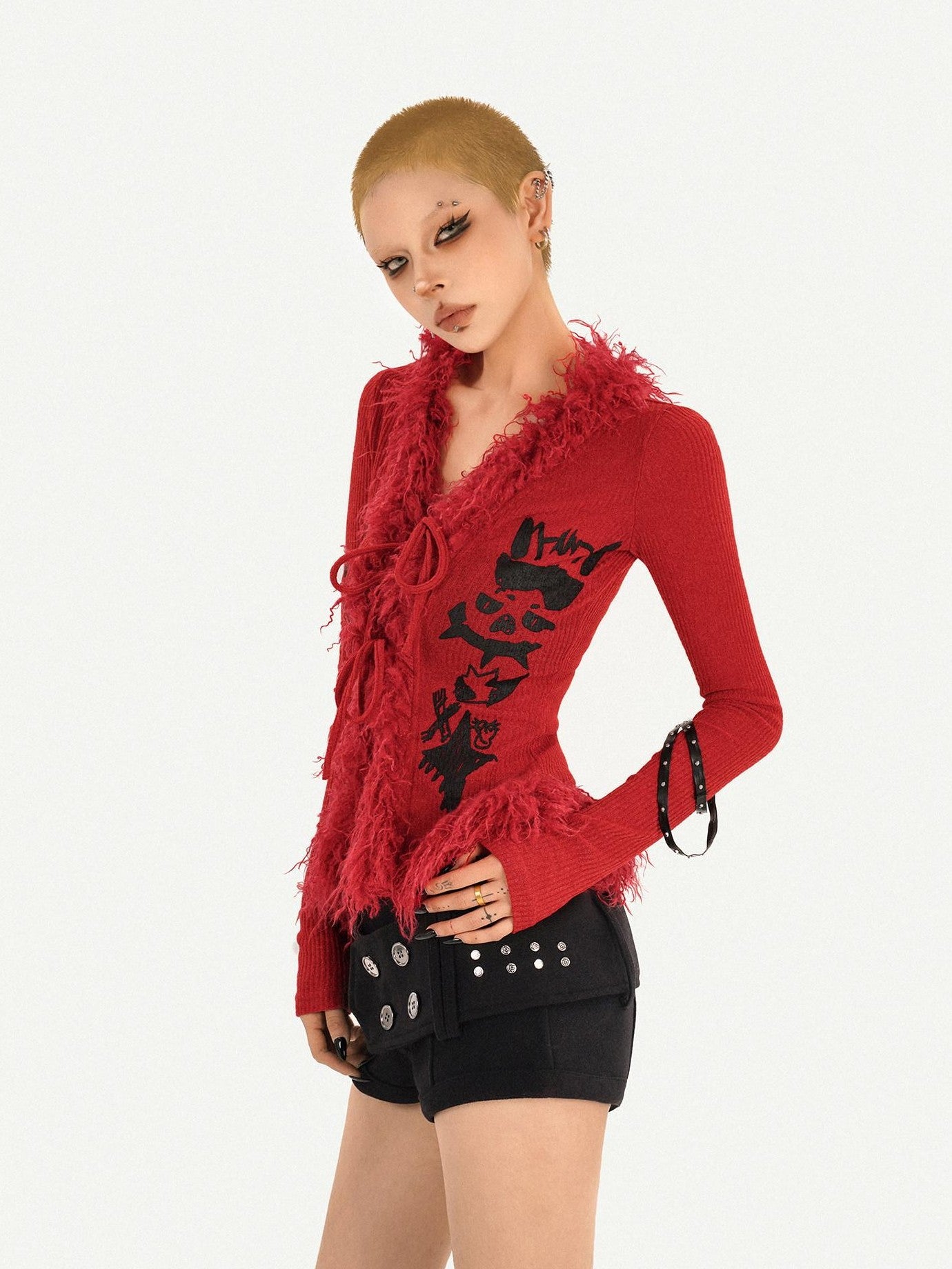 Nico Molly Fur Collar Letter Print Cinched Tie V-neck Women's Knit Cardigans