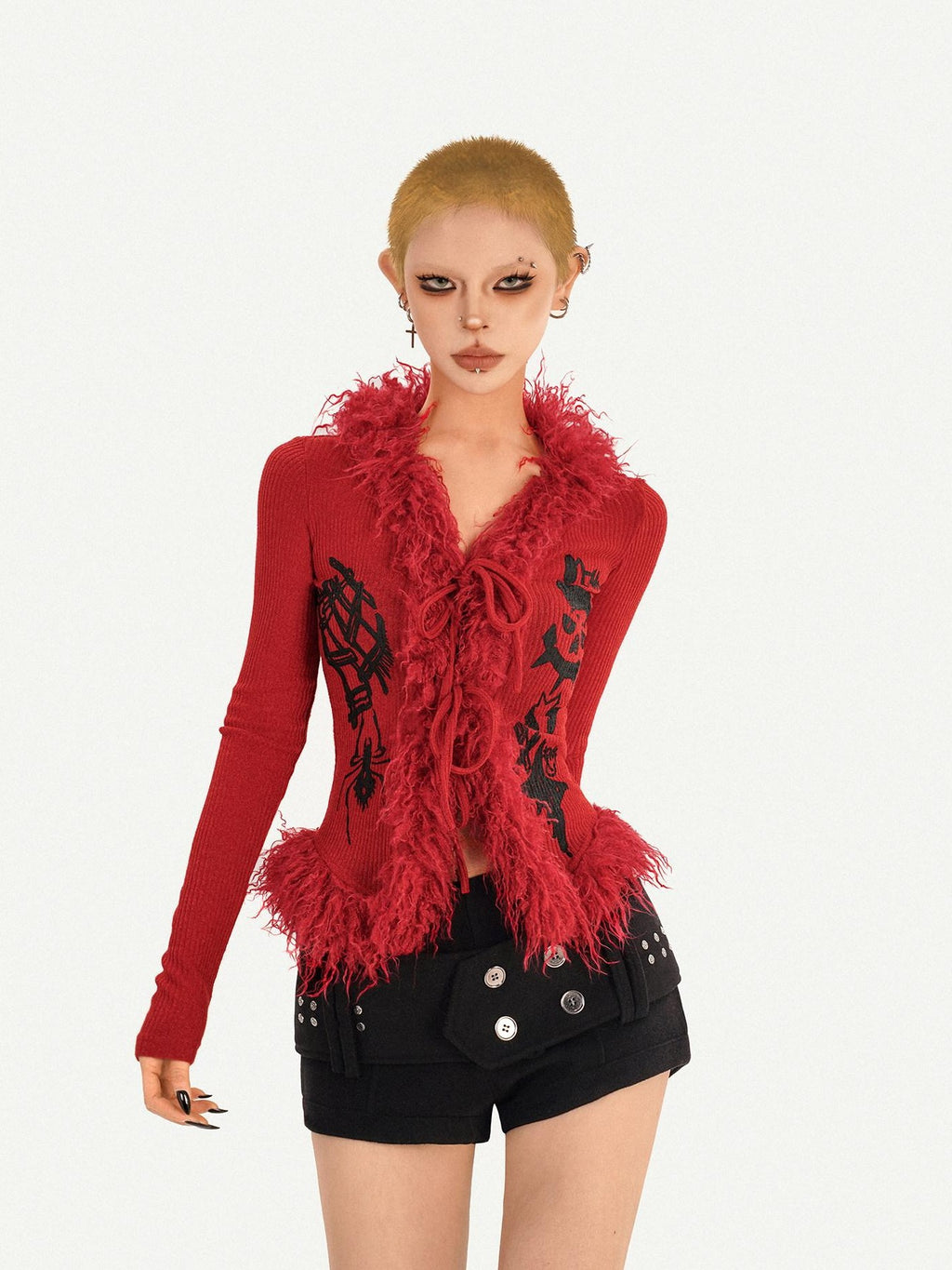 Nico Molly Fur Collar Letter Print Cinched Tie V-neck Women's Knit Cardigans