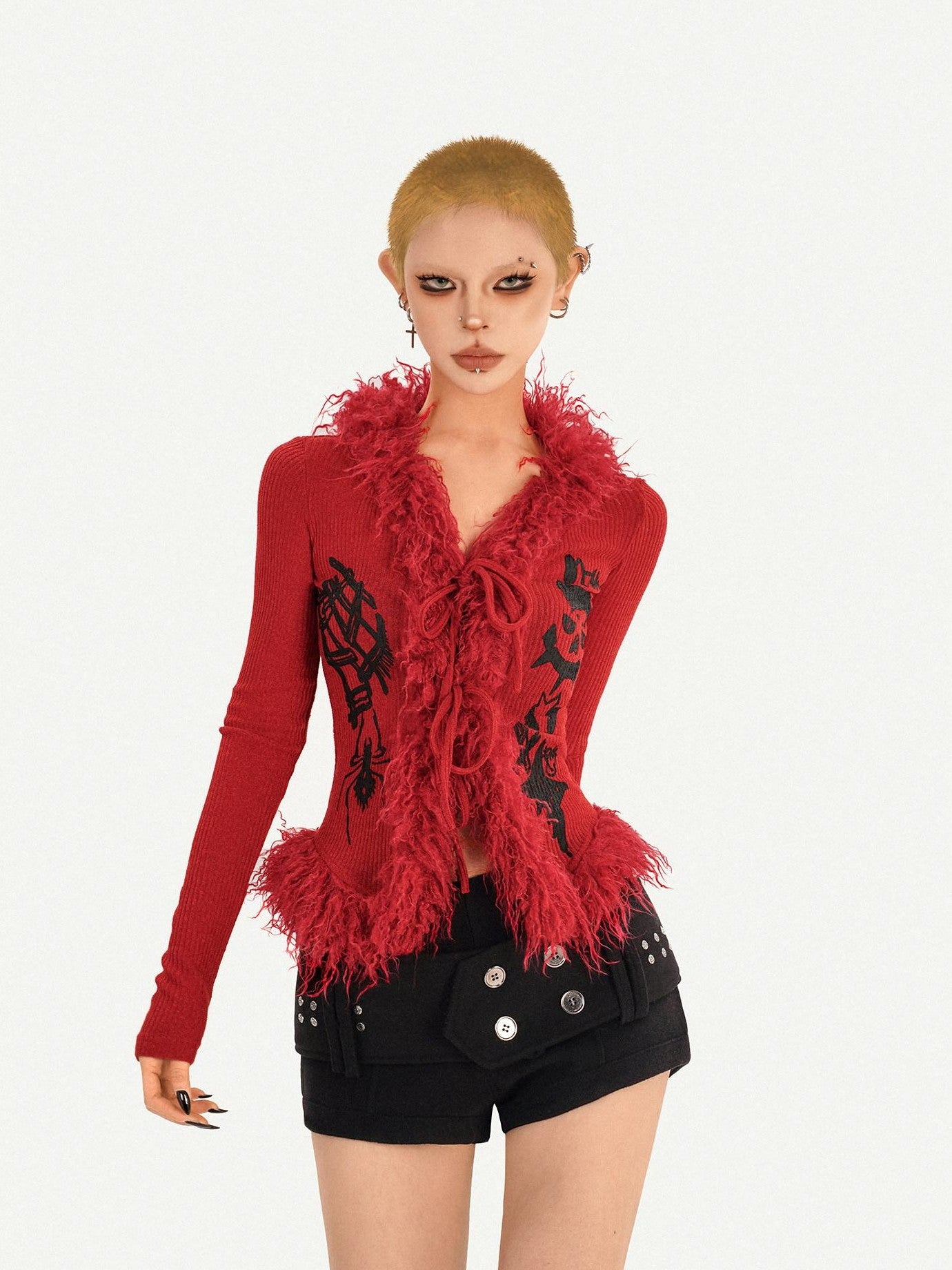 Nico Molly Fur Collar Letter Print Cinched Tie V-neck Women's Knit Cardigans