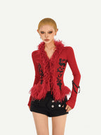 Nico Molly Fur Collar Letter Print Cinched Tie V-neck Women's Knit Cardigans