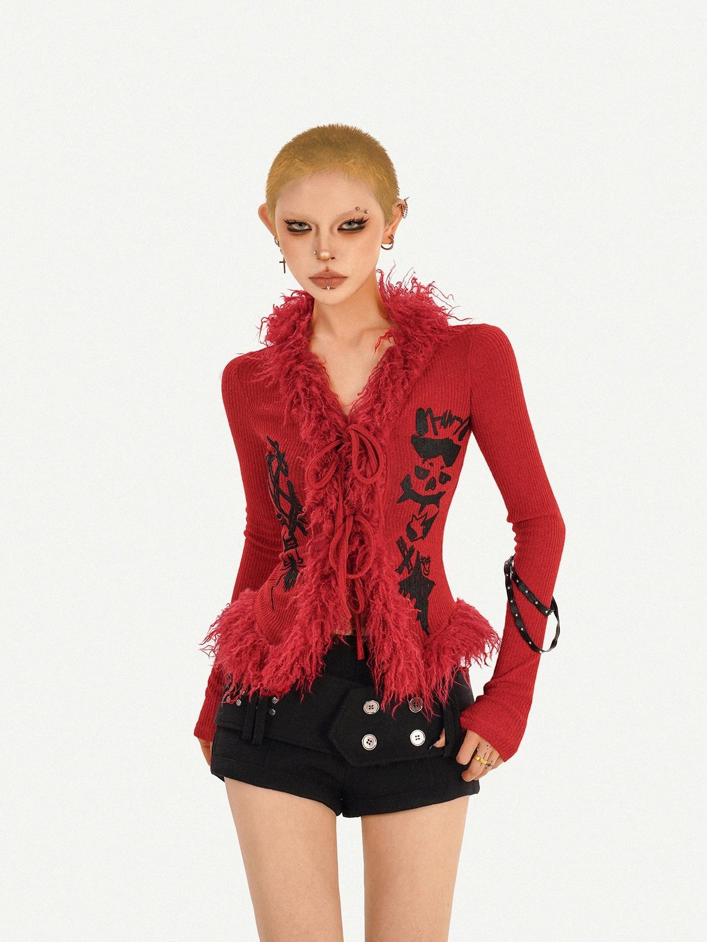 Nico Molly Fur Collar Letter Print Cinched Tie V-neck Women's Knit Cardigans