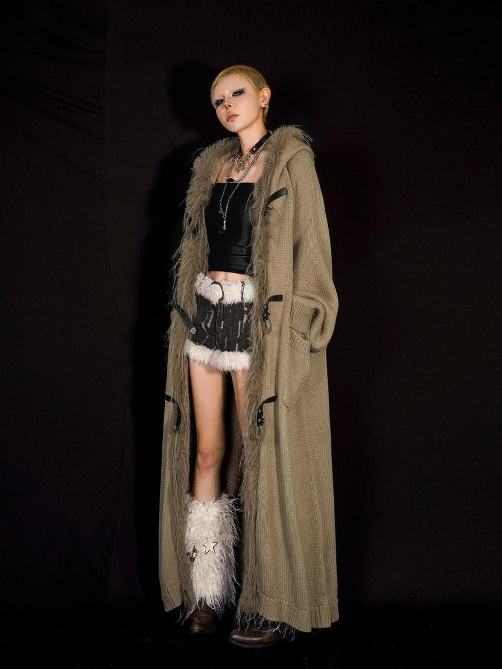 Nico Molly Fur Collar Patchwork Fringe Hooded Loose Mid Length Women's Knit Cardigans