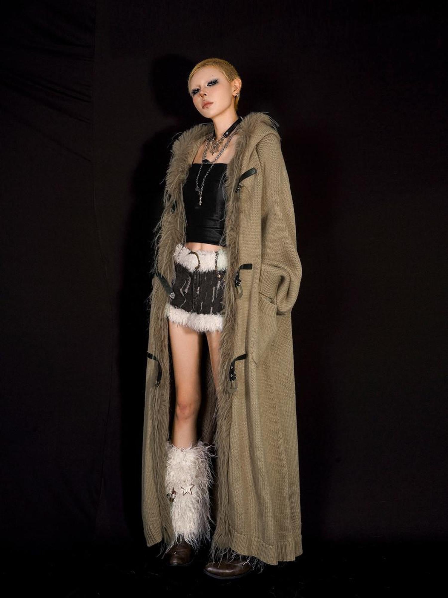 Nico Molly Fur Collar Patchwork Fringe Hooded Loose Mid Length Women's Knit Cardigans