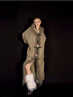 Nico Molly Fur Collar Patchwork Fringe Hooded Loose Mid Length Women's Knit Cardigans