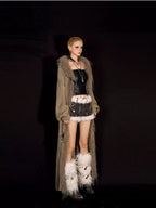 Nico Molly Fur Collar Patchwork Fringe Hooded Loose Mid Length Women's Knit Cardigans