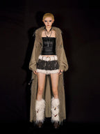 Nico Molly Fur Collar Patchwork Fringe Hooded Loose Mid Length Women's Knit Cardigans