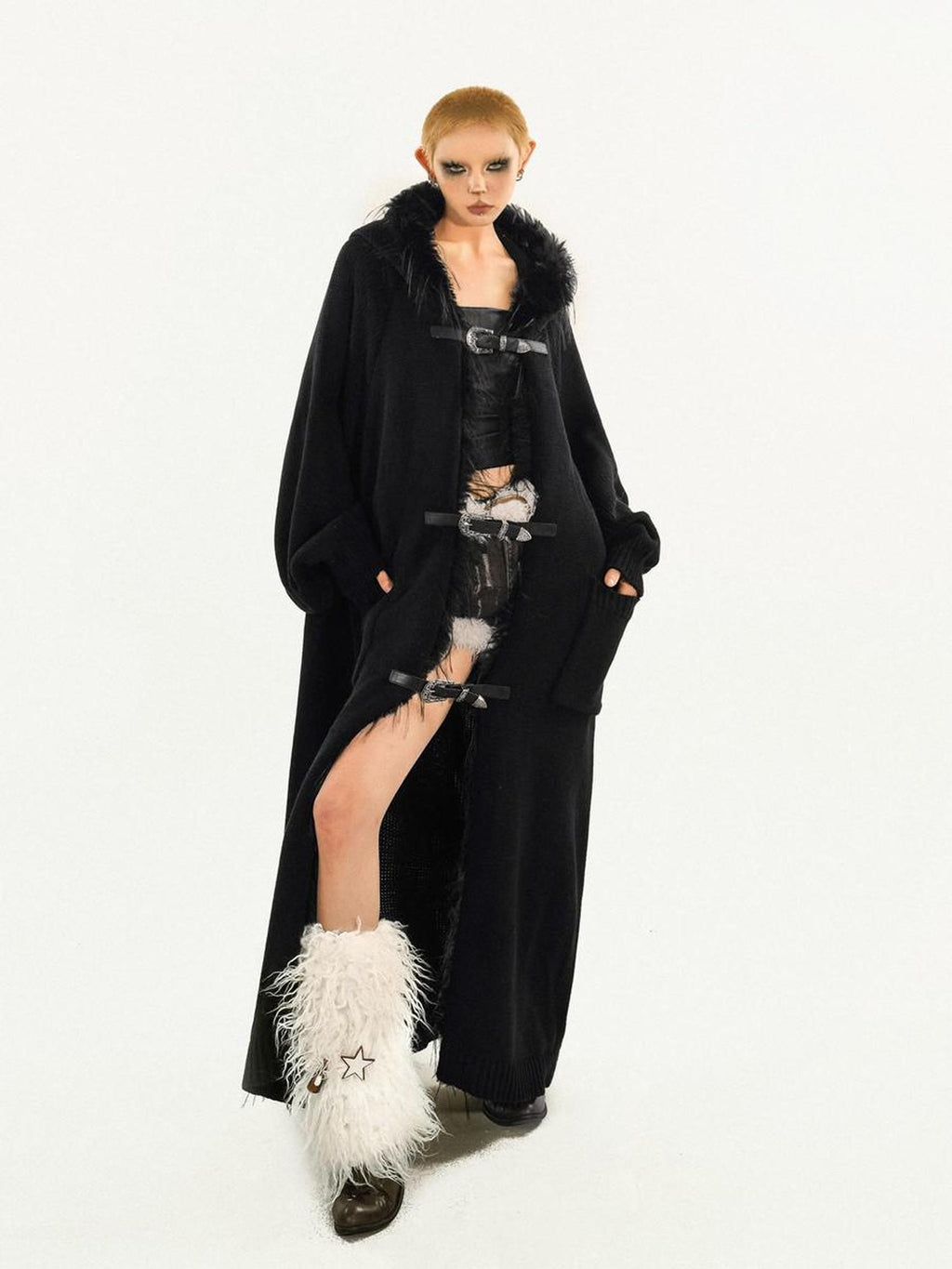 Nico Molly Fur Collar Patchwork Fringe Hooded Loose Mid Length Women's Knit Cardigans