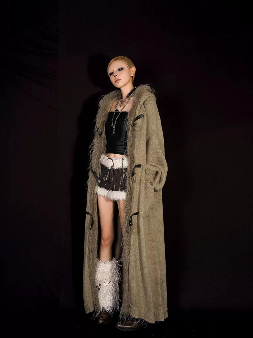 Nico Molly Fur Collar Patchwork Fringe Hooded Loose Mid Length Women's Knit Cardigans