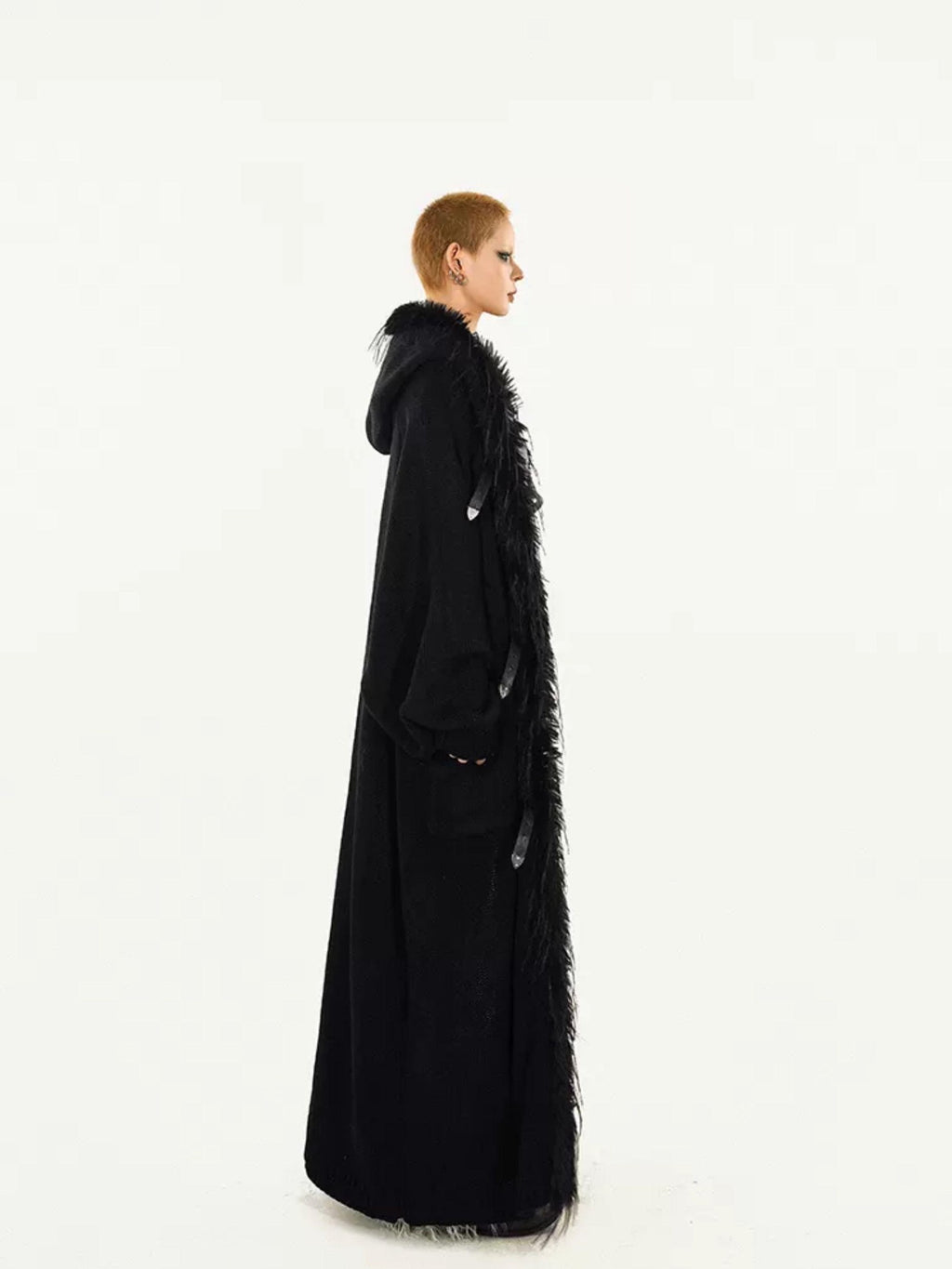 Nico Molly Fur Collar Patchwork Fringe Hooded Loose Mid Length Women's Knit Cardigans