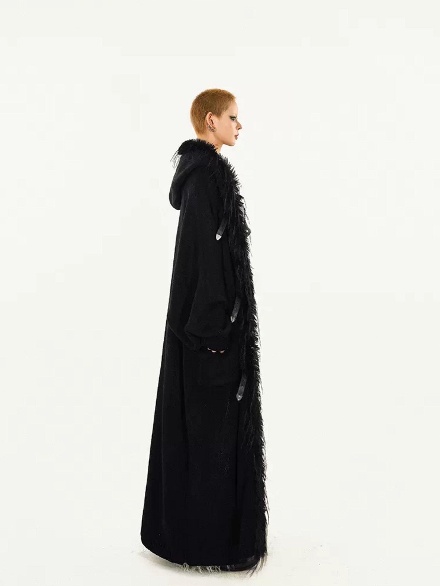 Nico Molly Fur Collar Patchwork Fringe Hooded Loose Mid Length Women's Knit Cardigans