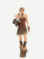 Nico Molly Fuzzy Tie Lace Slim Fit Straight Neck Women's Plush Tube Tops / Bandeaus
