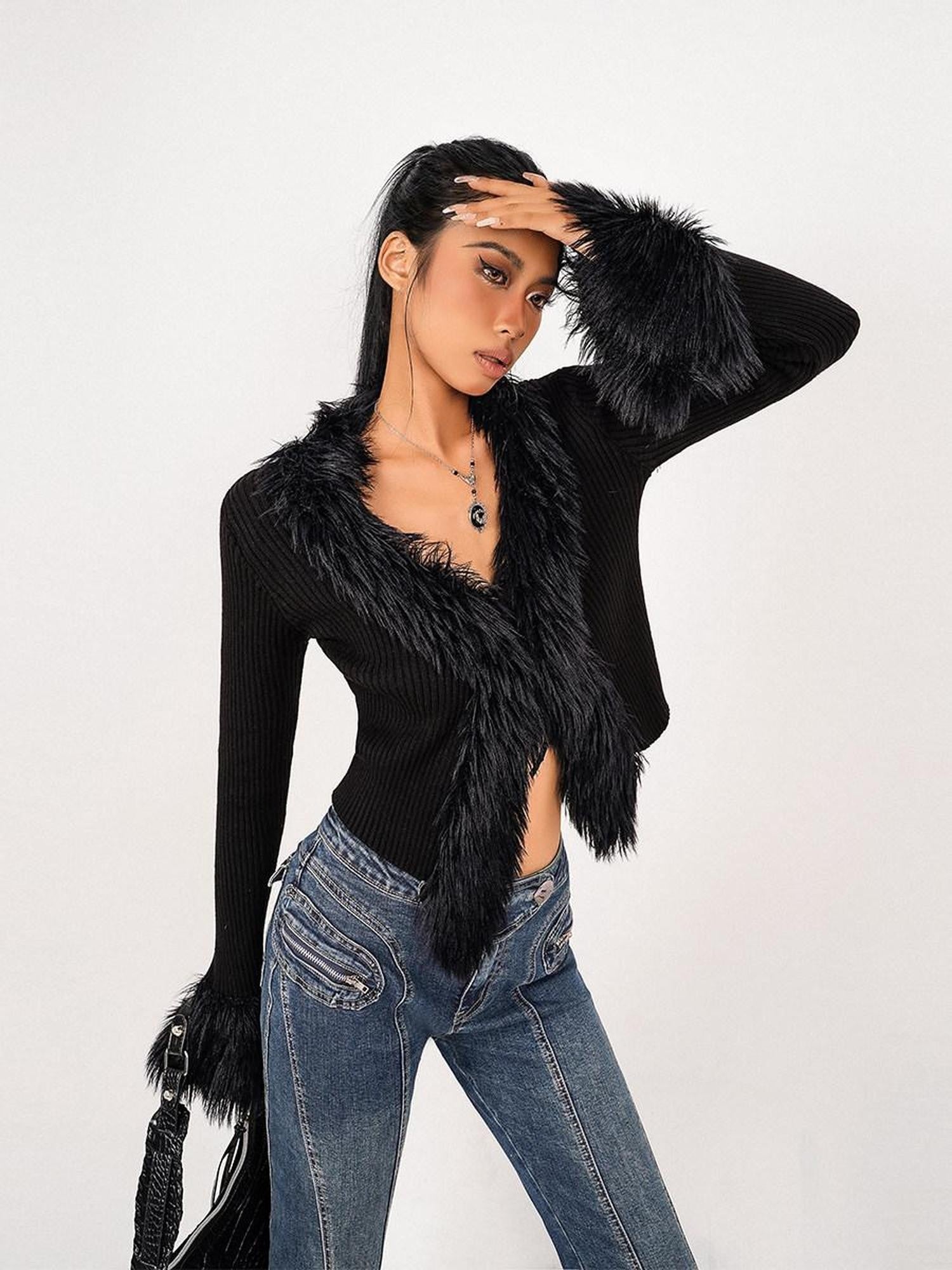 Nico Molly Fuzzy V-neck Tie Fringe Bell Sleeve Women's Knit Short Cardigans