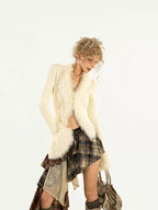 Nico Molly Fuzzy V-neck Tie Fringe Bell Sleeve Women's Knit Short Cardigans