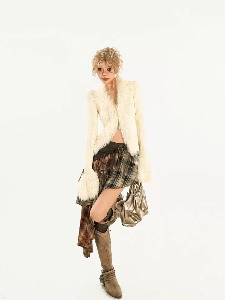 Nico Molly Fuzzy V-neck Tie Fringe Bell Sleeve Women's Knit Short Cardigans