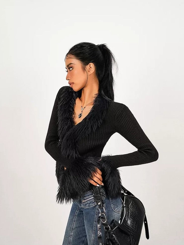 Nico Molly Fuzzy V-neck Tie Fringe Bell Sleeve Women's Knit Short Cardigans