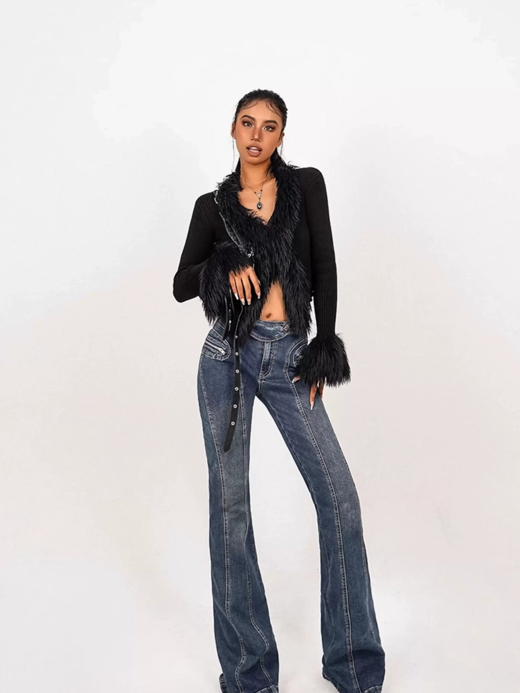 Nico Molly Fuzzy V-neck Tie Fringe Bell Sleeve Women's Knit Short Cardigans