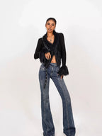 Nico Molly Fuzzy V-neck Tie Fringe Bell Sleeve Women's Knit Short Cardigans