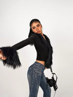 Nico Molly Fuzzy V-neck Tie Fringe Bell Sleeve Women's Knit Short Cardigans