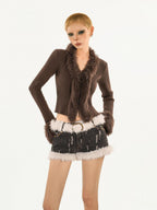 Nico Molly Fuzzy V-neck Tie Fringe Bell Sleeve Women's Knit Short Cardigans