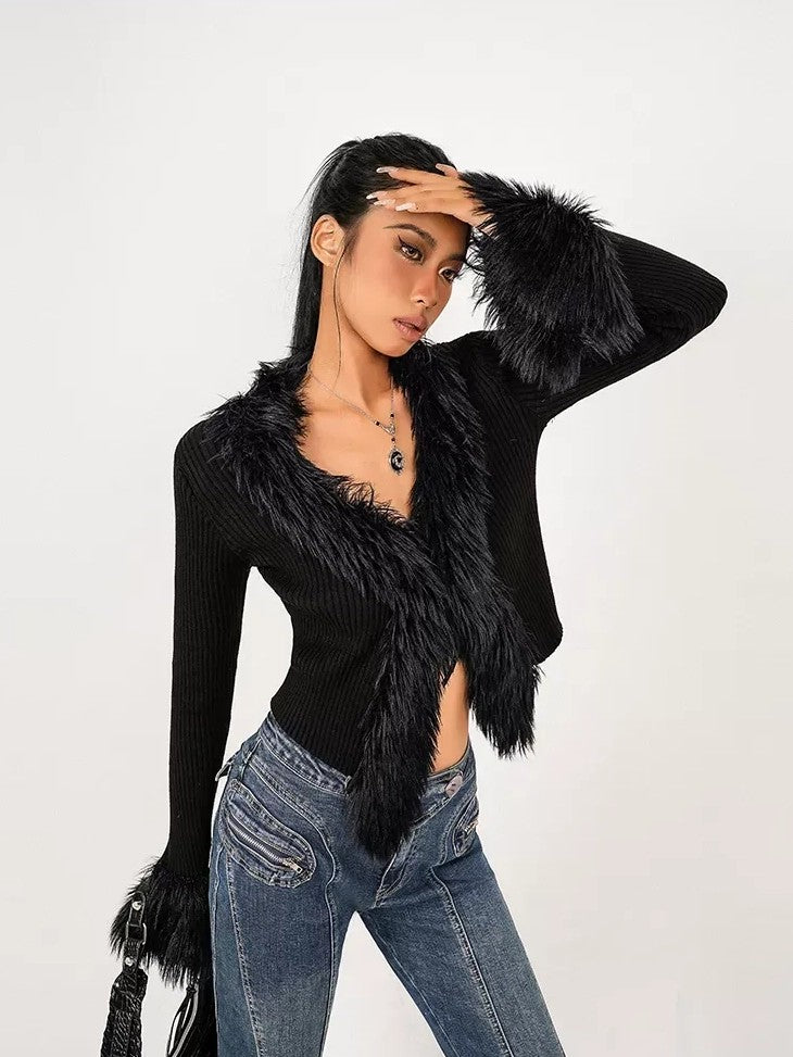 Nico Molly Fuzzy V-neck Tie Fringe Bell Sleeve Women's Knit Short Cardigans