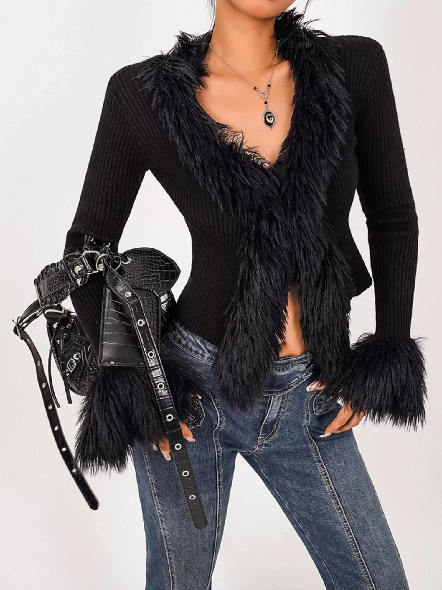 Nico Molly Fuzzy V-neck Tie Fringe Bell Sleeve Women's Knit Short Cardigans