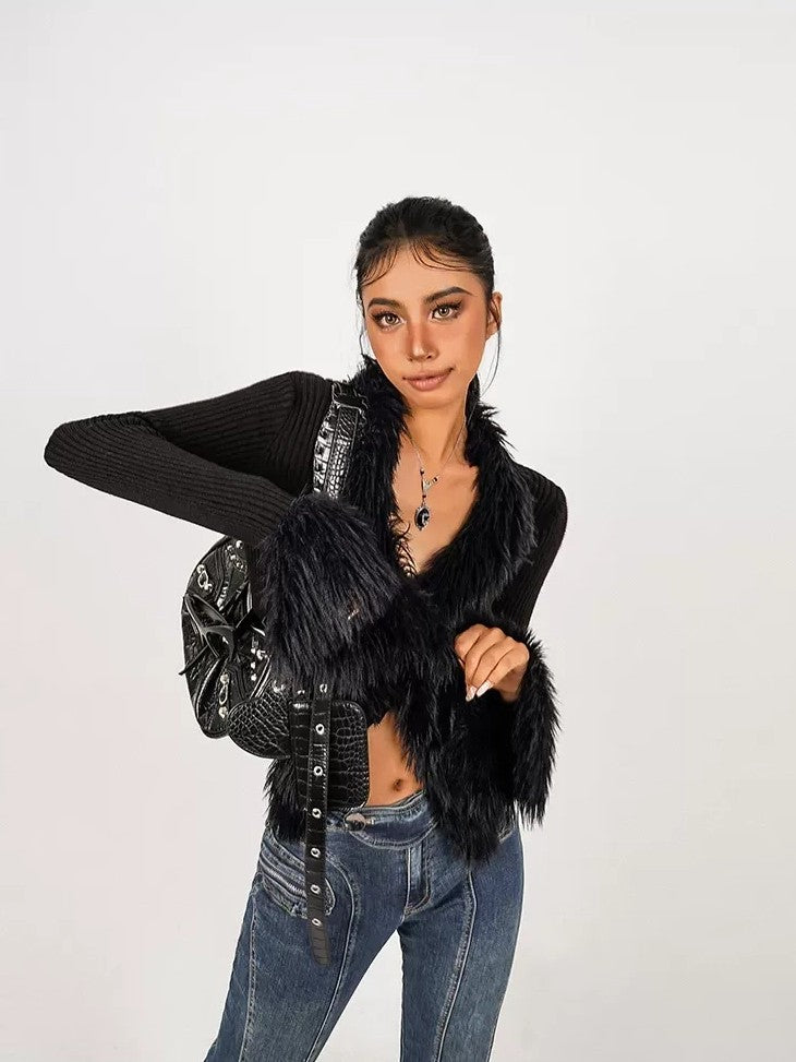 Nico Molly Fuzzy V-neck Tie Fringe Bell Sleeve Women's Knit Short Cardigans
