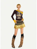 Nico Molly Gold Spliced Patchwork Double Waistband Pleated Women's Coated Mini Skirts