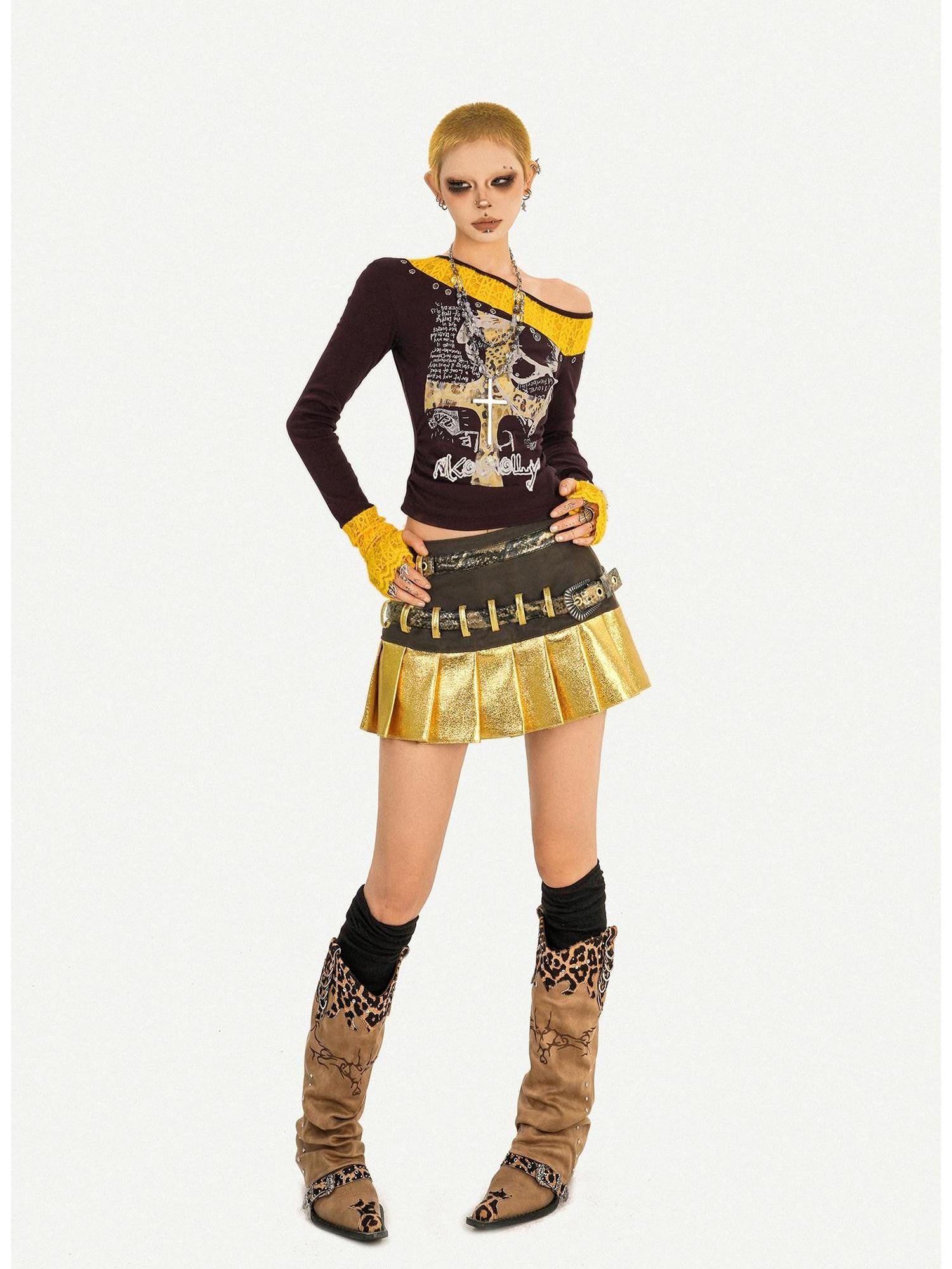 Nico Molly Gold Spliced Patchwork Double Waistband Pleated Women's Coated Mini Skirts