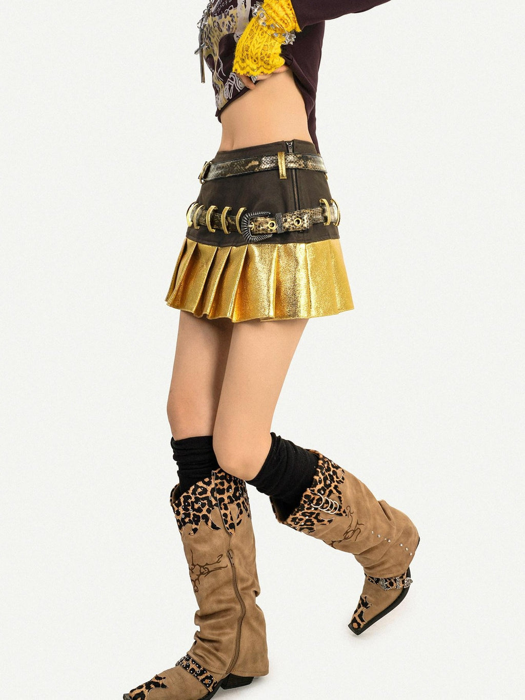 Nico Molly Gold Spliced Patchwork Double Waistband Pleated Women's Coated Mini Skirts