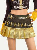 Nico Molly Gold Spliced Patchwork Double Waistband Pleated Women's Coated Mini Skirts