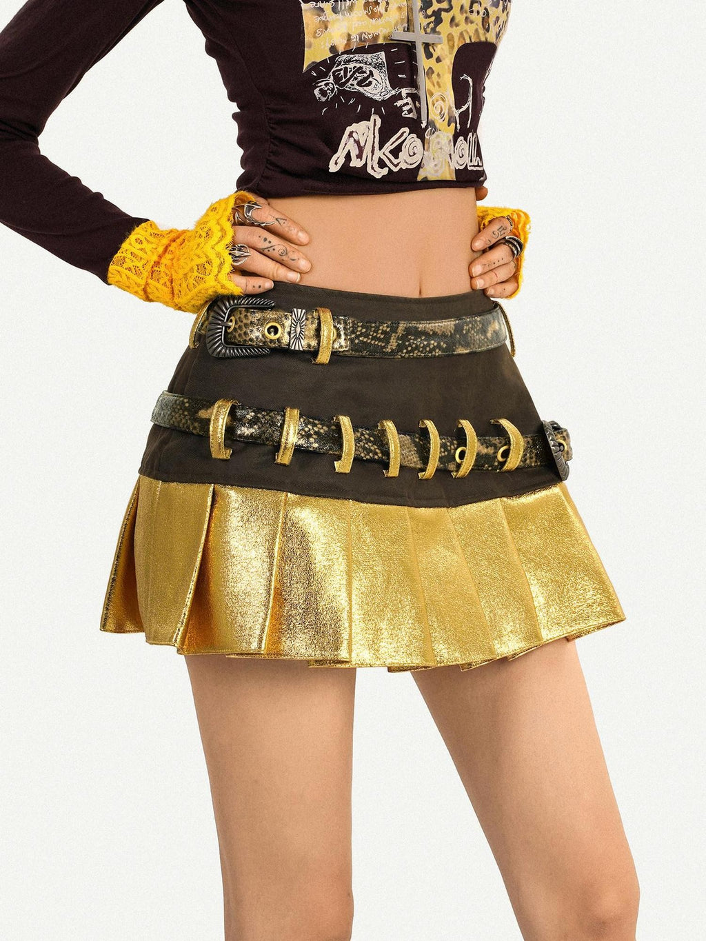 Nico Molly Gold Spliced Patchwork Double Waistband Pleated Women's Coated Mini Skirts