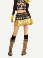 Nico Molly Gold Spliced Patchwork Double Waistband Pleated Women's Coated Mini Skirts