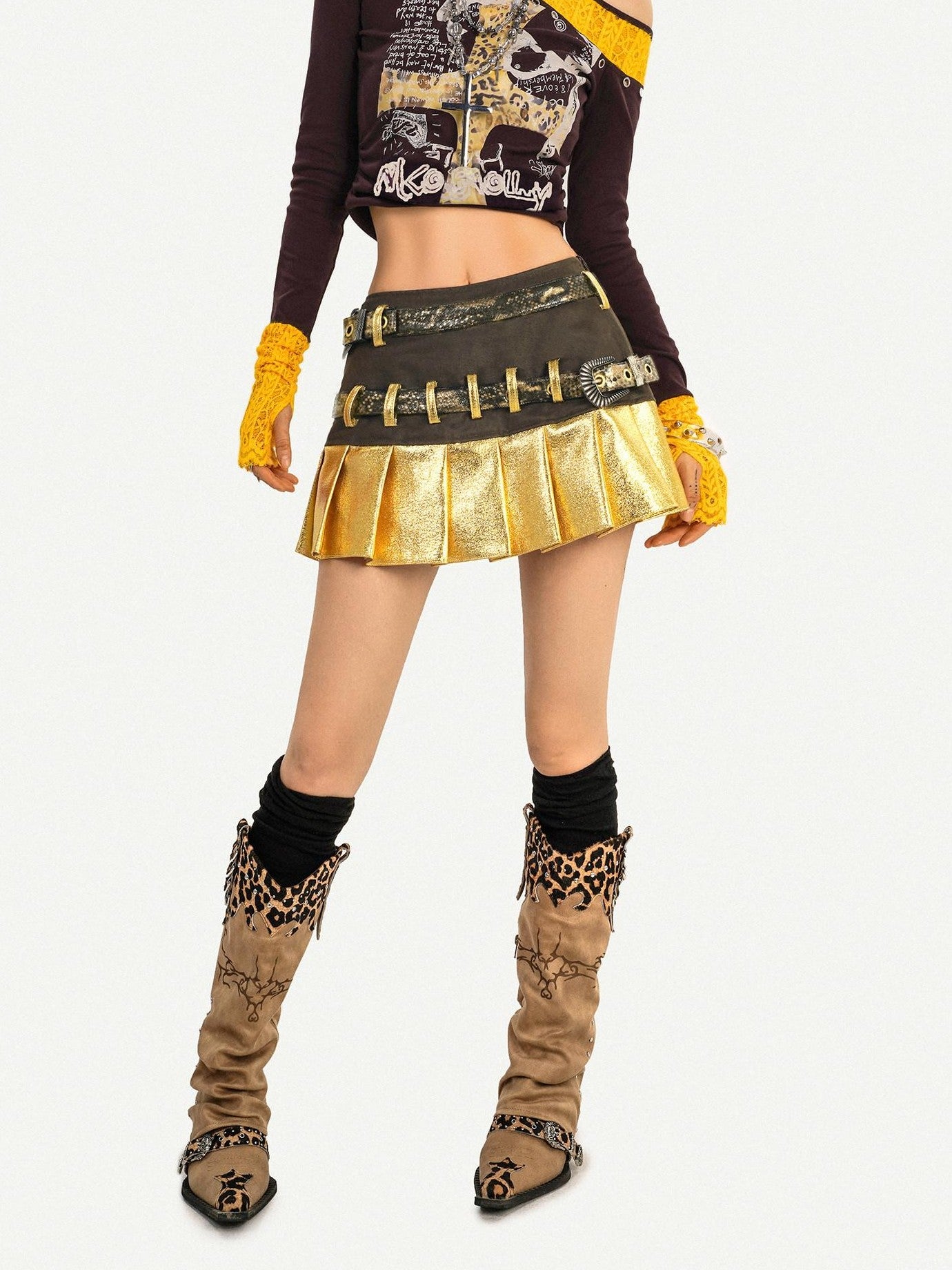 Nico Molly Gold Spliced Patchwork Double Waistband Pleated Women's Coated Mini Skirts