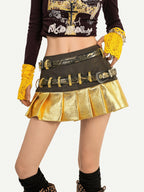 Nico Molly Gold Spliced Patchwork Double Waistband Pleated Women's Coated Mini Skirts